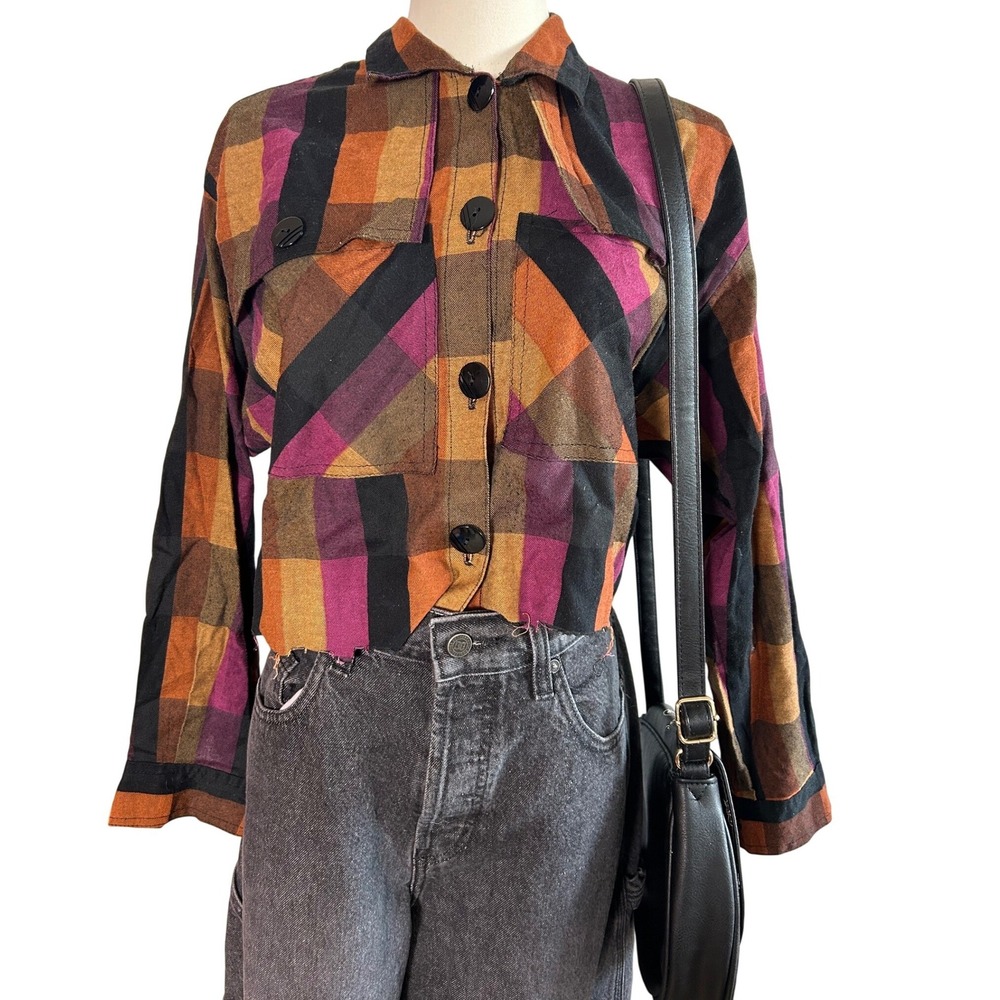vintage 90s y2k cropped plaid flannel chunky‎ block warm earthy granola tones